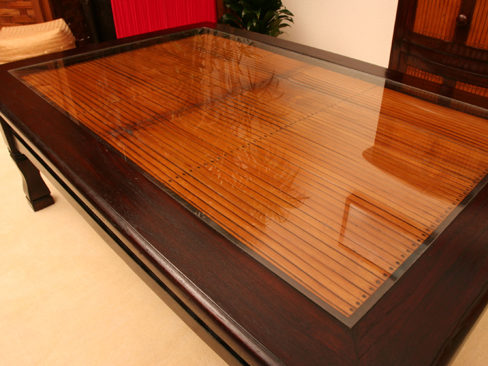 チーク材とバンブーのガラス天板ローテーブル<長方形ブラウン100cm幅>【A-009L100BR】